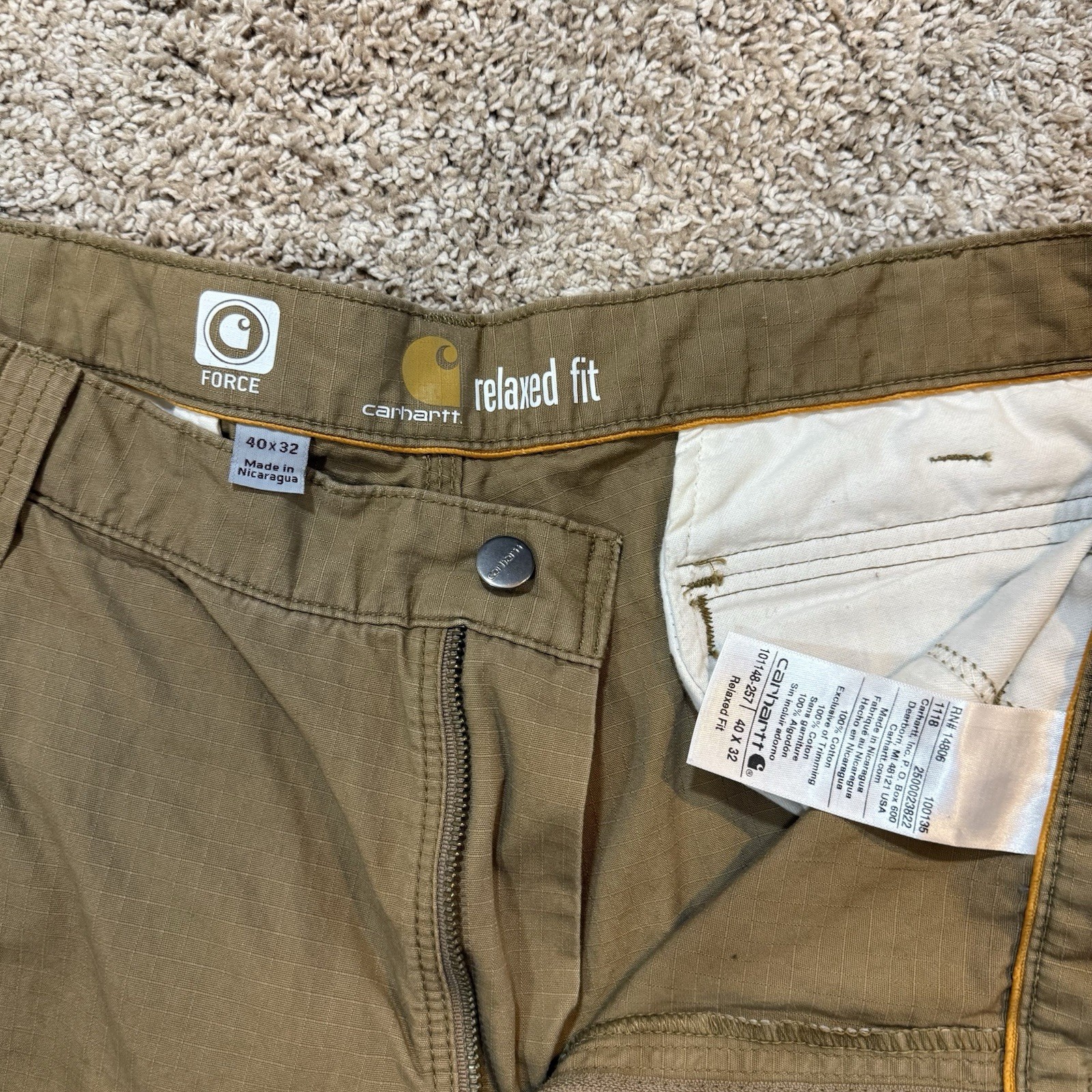 Carhartt Pants Men’s Size 40 X 32 Khaki Force Relaxed Fit Cargo Work Carpenter thumbnail 2