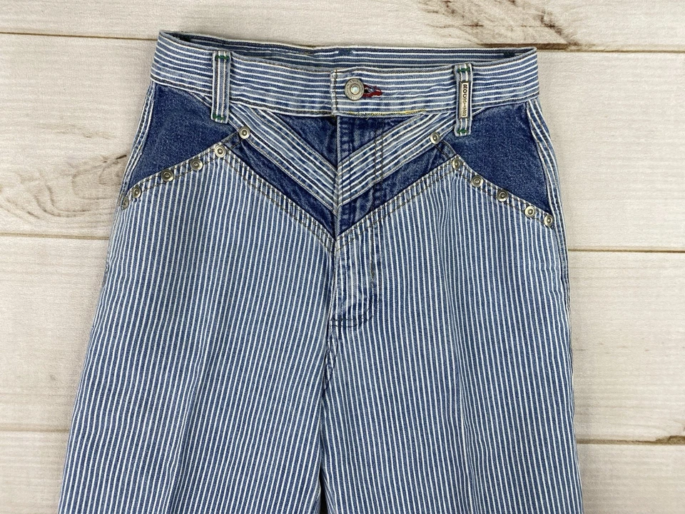Pantalones de mezclilla Rockies vintage para mujer 25/1 a rayas a pelo remaches de yugo en contraste años 90 Foto 2 de 4