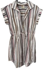 Japna Shirt Dress Size Medium Striped Button Up Short Sleeve Drawstring Cotton