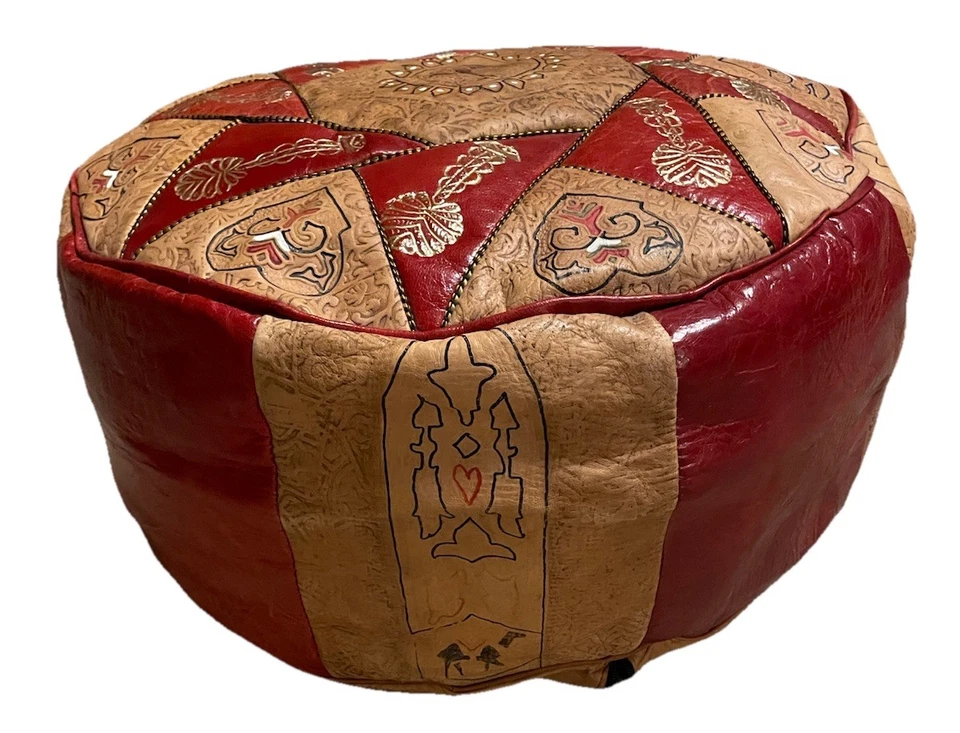 Vtg Handmade Moroccan Round Leather Pouf Red Gold Ottoman Footstool - Image 3 of 4