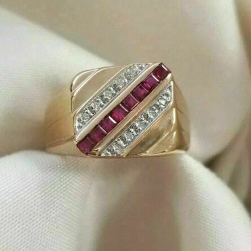 Anel masculino de diamante rubi corte princesa criado em laboratório folheado a ouro amarelo 14k prata - Imagem 4 de 4