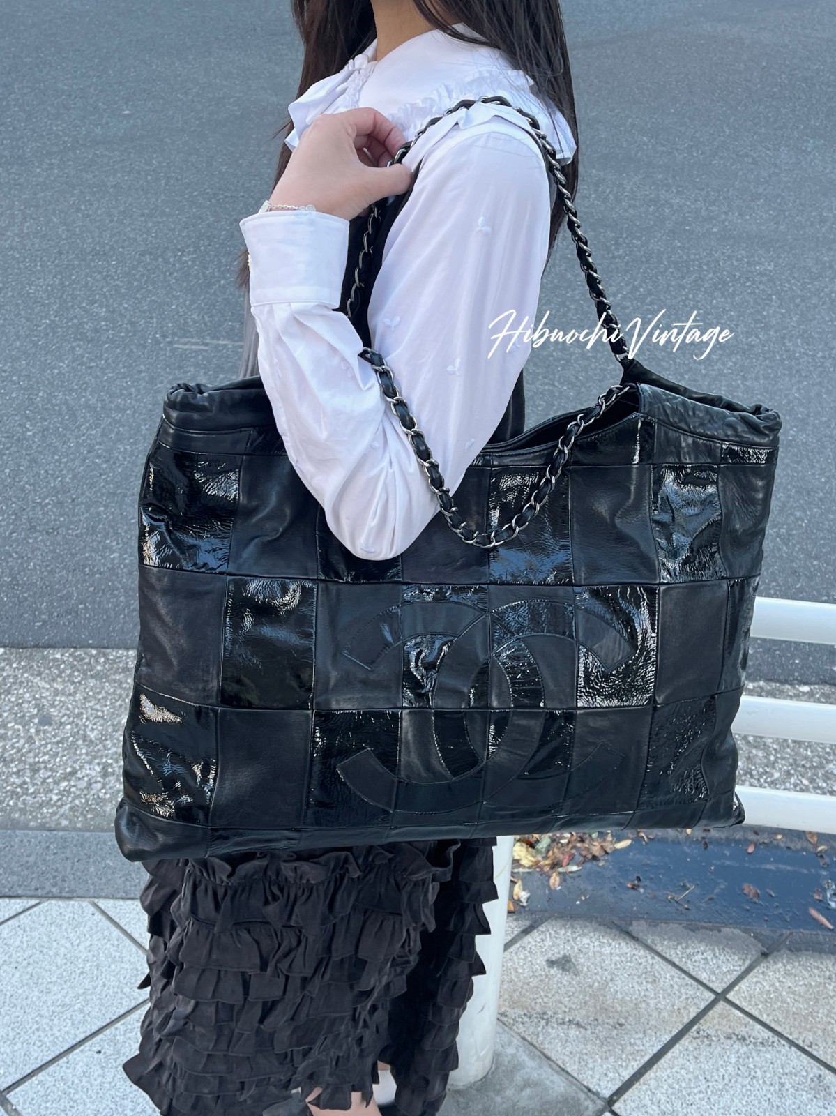 CHANEL Coco Mark Patchwork Shoulder Bag Black Ena… - image 1