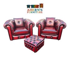Saxon Winchester Oxblood Leather Chesterfield Club Chairs & Stool FREE DELIVERY
