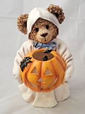Vintage Resin Halloween Teddy Bear Ghost w/ Jack-O-Lantern  Bats No Light