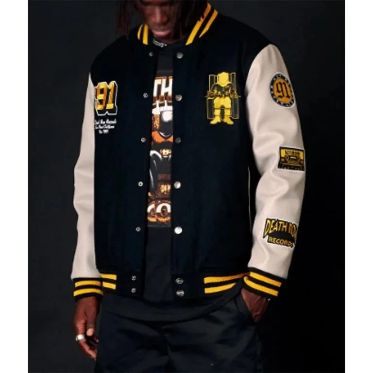 Death Row Records Collegiate Varsity Black Full-Snap Wool Men's Jacket