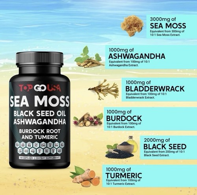 #ad #ad Sea Moss Black Seed Oil Ashwagandha Burdock Root Turmeric 90 Capsules New Sealed $13.99