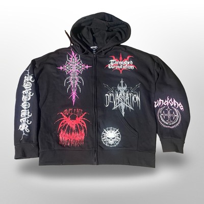 Hot Topic Black Zip Up Hoodie Men XL Skull Bat Wings Grunge Goth emo dark Witch