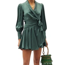 Zimmermann 100% Silk Wrap Mini Dress | Green Long Sleeve Holiday Size 1/US 6