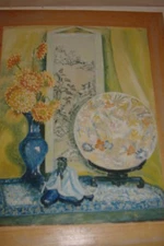 MARIE PAGE PAINTING SIGNED STILL LIFE OLD RARE VASE 