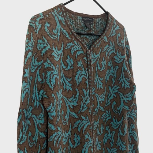 Nomadic Traders Floral Knitted Zip-Up Cardigan Sweater Brown Blue Women's Medium - Picture 4 of 10