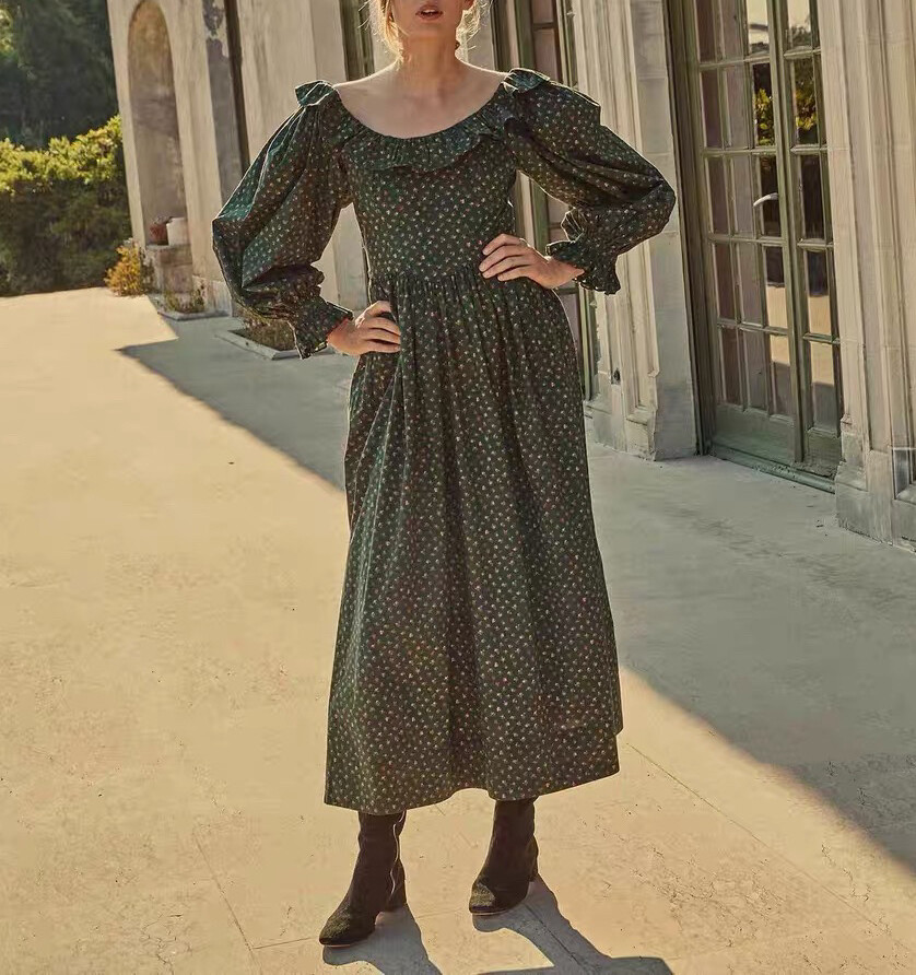 Women Doen Collared Floral Long Sleeve Slim Midi Dress