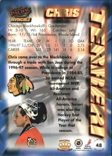 1997-98 (BLACKHAWKS) Pacific Invincible NHL Regime #48 Chris Terreri - Picture 2 of 2