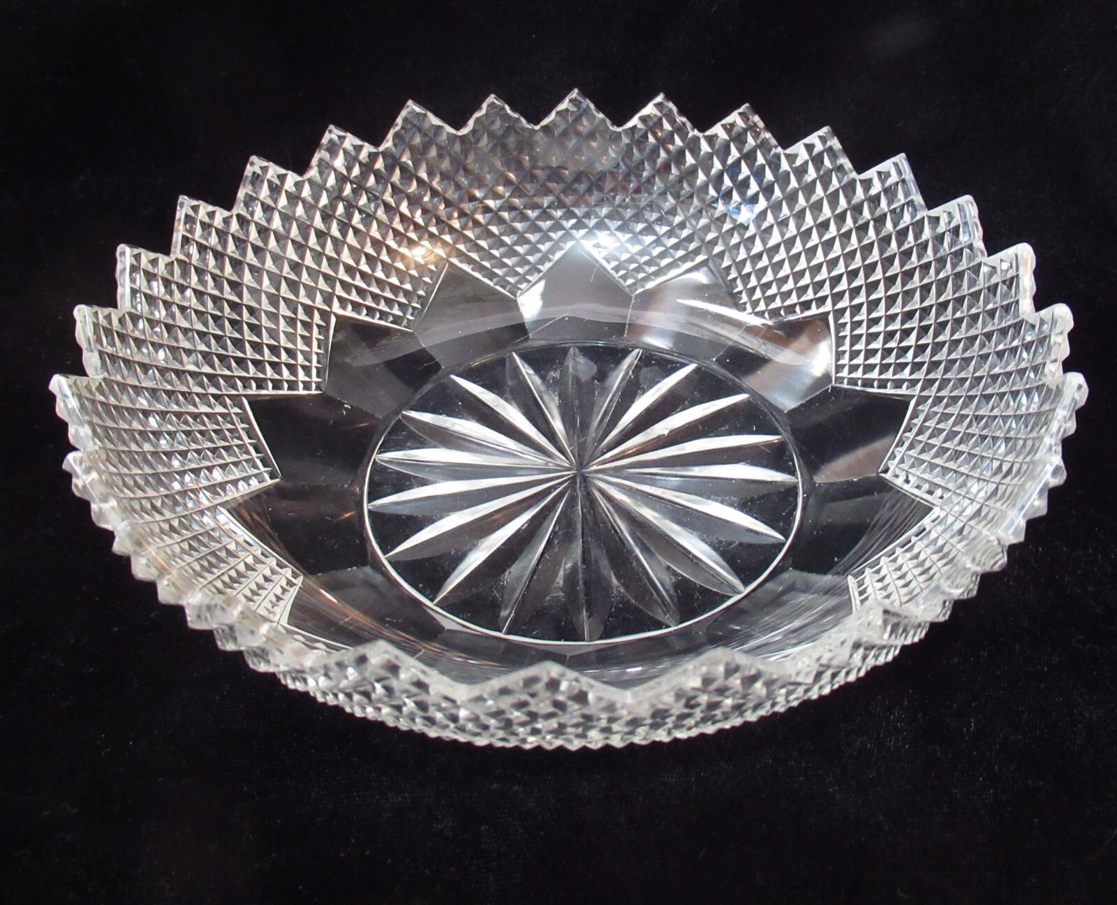 Vintage Diamond cut Crystal Bowl Delicate Sawtooth Edge 7"