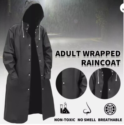 Men Black Waterproof Long Raincoat Rain Coat Hooded Trench Jacket Outdoor Hiking