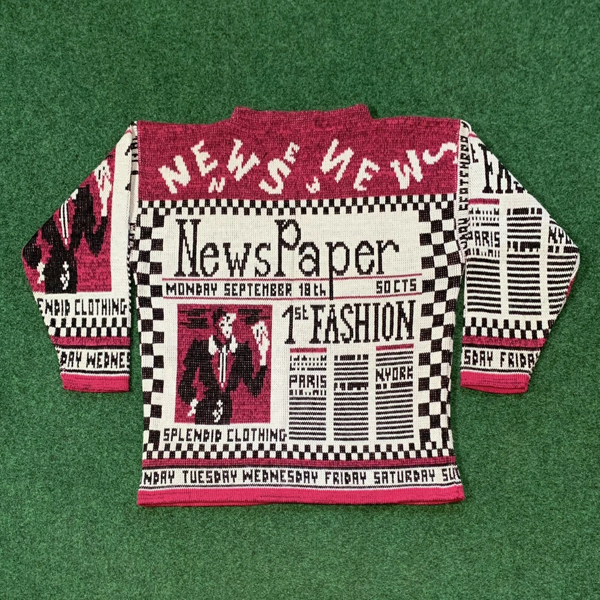 Vintage Adele Knitwear Newspaper Graphic Sweater Paris New York