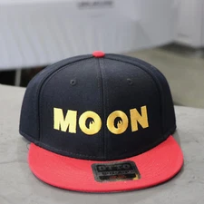 Men's Mooneyes MOON Logo Flat Bill Snapback Wool Blend Baseball Hat Black Red
