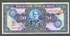 (1942) BRAZIL 20 CRUZEIROS OVPT ON 20 MIL REIS ~ P-127 ~ SCARCE ~ CHOICE NOTE