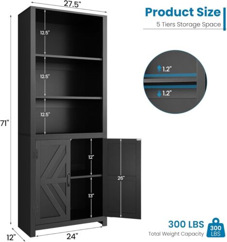 Tall Bookshelves, 5-Tier Farmhouse Bookshelf with Cabinet Doors 71" Bookcase U.S
