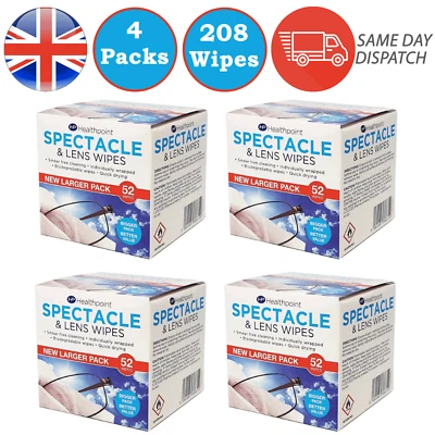 4 packs x 52 Healthpoint Spectacle Lens Wipes Glasses Mobile Alcohol Wipes 208