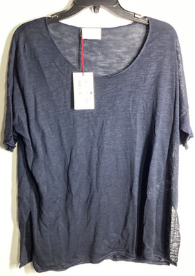 Maison Montagut Beatrice Round Neck T-Shirt Flamed Linen Navy Medium