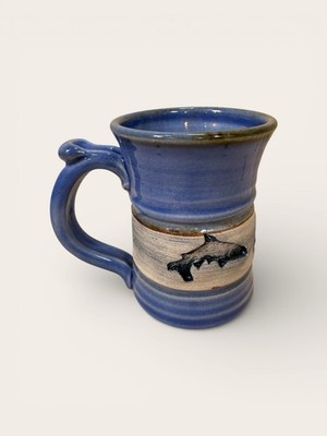 Handmade Studio Pottery Fish Mug Signed Artisan Stoneware Cabin Style Blue Glaze