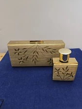 VTG 60S MCM CIGARETTE CASE  WITH CARVED WOODEN TOP AND PERFUME BOTTLE.