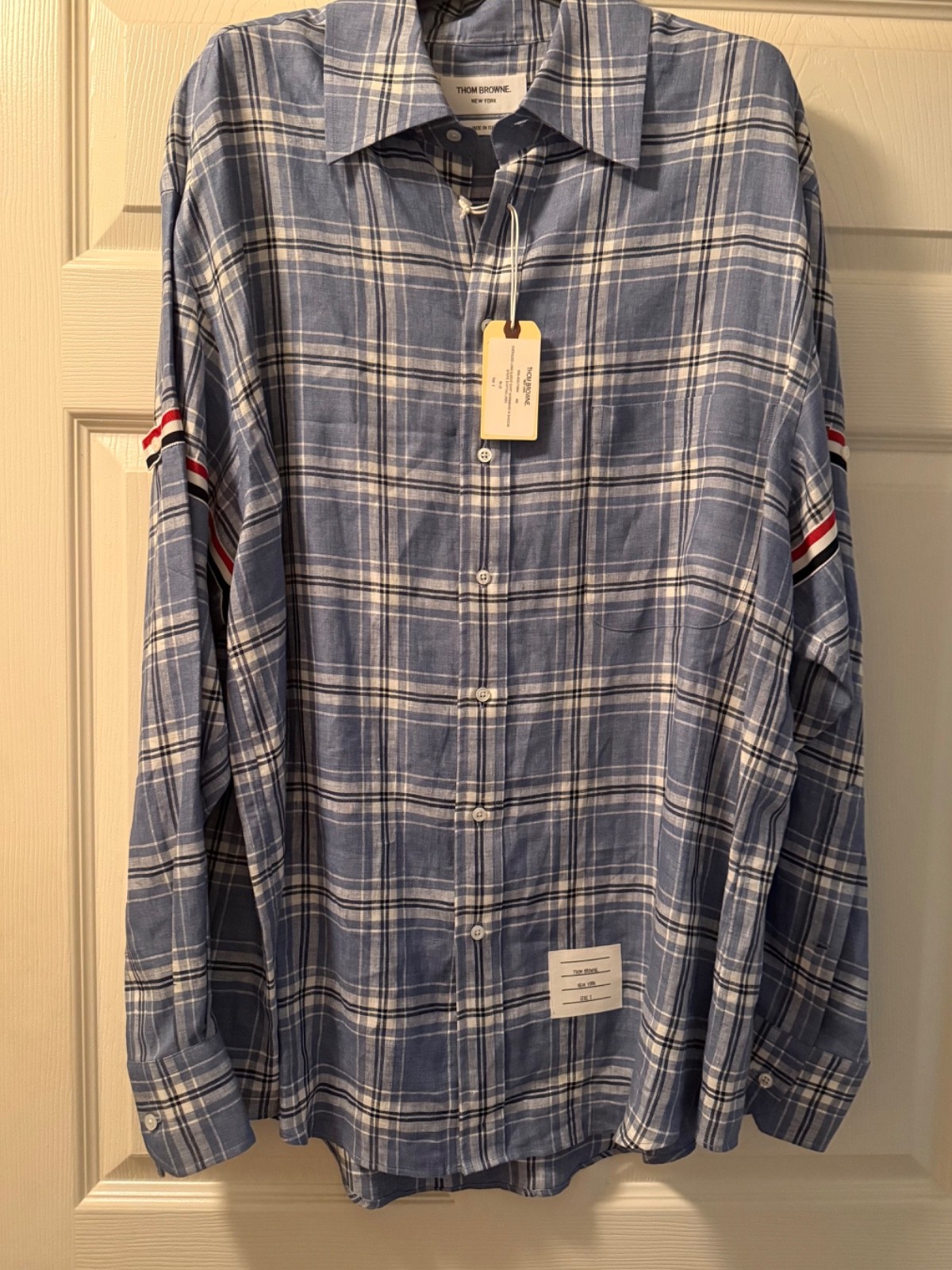 Thom Browne Blue Checked linen Oversized Shirt  w/armband  Sz 2  🩵AUTHENTIC🩵 image 2