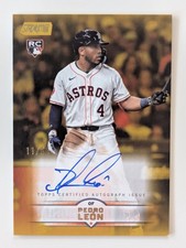 2025 Topps Stadium Club #SCBA-PL Pedro Leon On Card Gold Rookie Auto #D 11/50 RC. rookie card picture