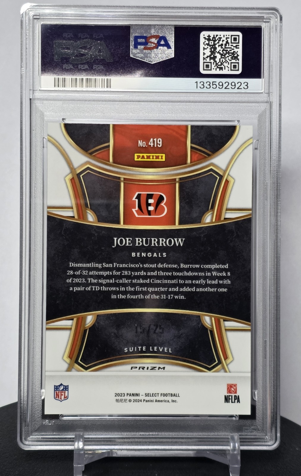 2023 Panini Select Joe Burrow Suite Level #419 Blue Disco Prizm #15/25 PSA 10 view 5