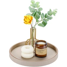 Round Decorative Tray for Coffee Table Decor, 12" PU Leather Serving tray Tab...