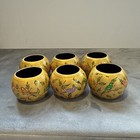 Vtg  Set of 6 Wooden  Napkin Rings Hand Painted Yellow w Birds Tree Branch