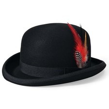 Mens Bowler Hat 100 Wool Womens Derby Hats with Feather Costume 7 1/8 Black