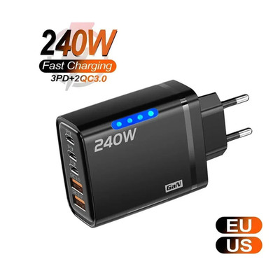 240W GaN USB-C Fast Charger 5-in-1 Power Supply Plug with 1M USB-C Charging Cabl