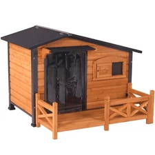 Outdoor Wooden Dog House with Metal Frame, Porch and Ventilation Window