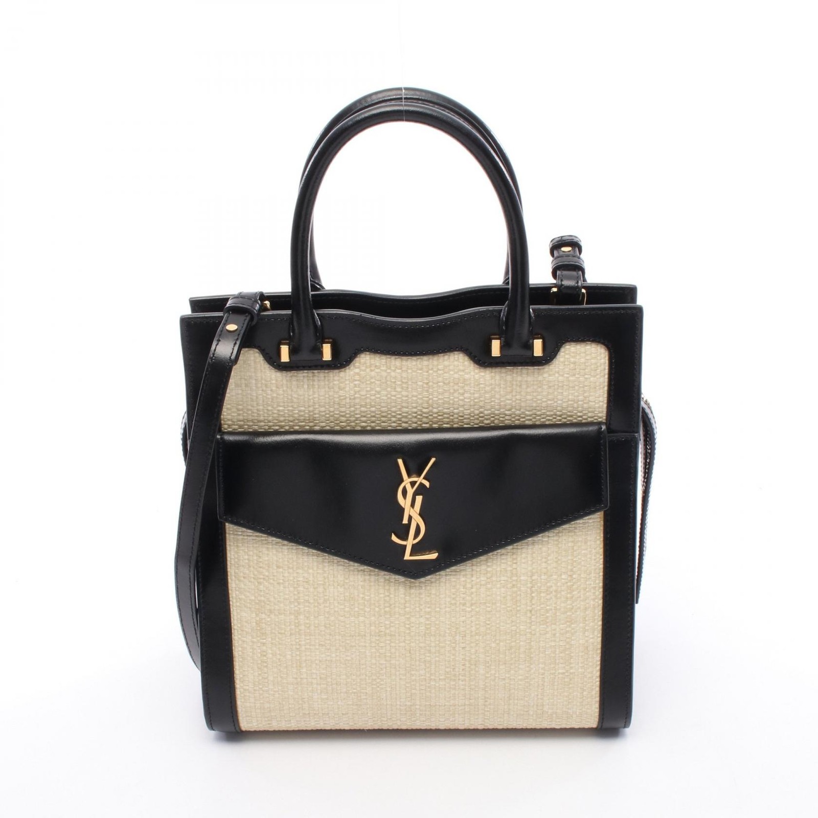 SAINT LAURENT Uptown Small Leather Raffia Shoulder Tote in Beige Black 561203