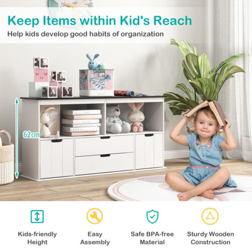 Kids Toy Storage Organizer Wooden Bookshelf TV Stand w/ Drawers Blackboard Top - Picture 6 of 10