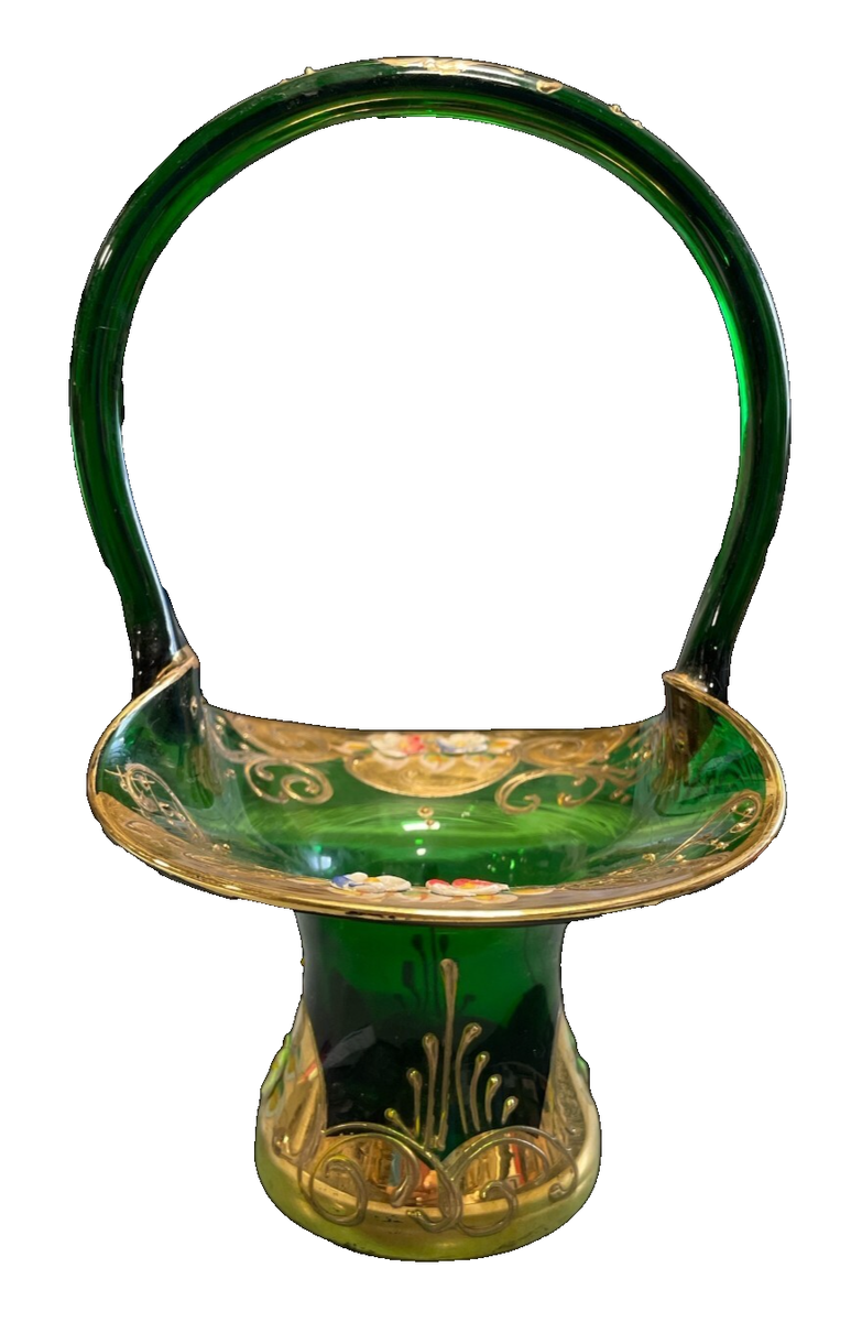 VINTAGE MURANO TREFOUCHI HANDBLOWN GREEN GLASS BASKET GOLD GILDING
