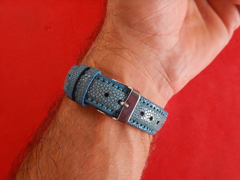 Bracelet Montre En Galuchat Véritable Bleu Pétrole - 18 Mm - Fait Main En France