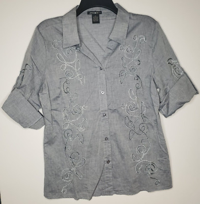 Lauren Michelle Top Shirt Embroidered 3D Statement Artsy Boho Vintage NWOT Sz L 