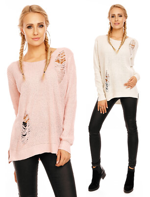 Damen Pullover Strickpullover Löcher Pulli Langarm Rundhals