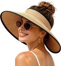 Sun Hats Visor for Women, UV UPF Straw Beach Hat Foldable Wide Brim Ponytail Sum