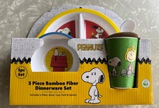 Peanuts Charlie Brown Snoopy Lucy Dishes Bamboo Kids Child 5pc Dish Set New