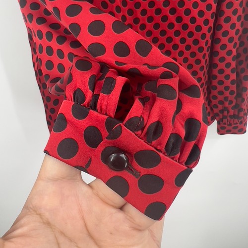 VTG Valentino Boutique 80s Polka Dot Red Black Long Sleeve Blouse Top Silk Sz 8 - Picture 2 of 7