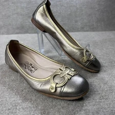 Salvatore Ferragamo Flats Size 5 Gold Leather Gancini Logo Round Toe Italy