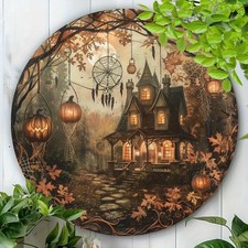 Halloween Pumpkin Lantern Cabin Tin Metal Signs Home Décor" Round Iron Wall for