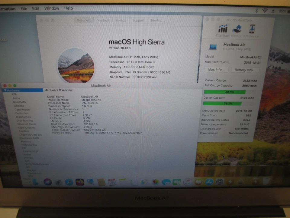  Apple MacBook Air 11" 2015 A1465 7,1 i5 1.6GHz 4GB RAM Working Laptop No SSD - Image 3 of 4