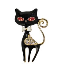 Cute Black Cat Brooch Pin Enamel Crystal Gold Tone Cat Jewelry New