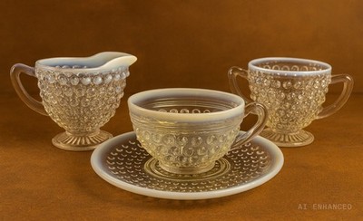 Anchor Hocking Moonstone Opalescent Hobnail Creamer, Sugar, Teacup & Saucer Set