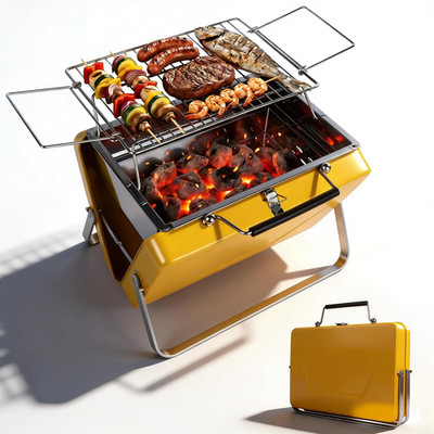 Portable Charcoal Grill Compact Folding BBQ Stainless Steel Camping Grill Case