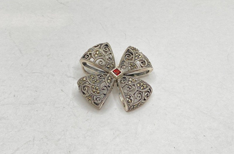 Vintage TJ Sterling Silver 925 Garnet Marcasite Filigree Brooch Pendant